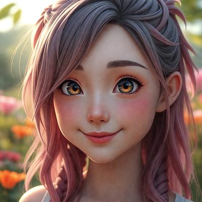The primary subject of the image is a smiling, pink-haired anime character with pink lips and eyes. The character is posed in a garden setting, surrounded by flowers. The visual style of the image is digital art, with the character being depicted in a vibrant and colorful manner. The colors and mood of the image are predominantly pink, creating a cheerful and lively atmosphere.